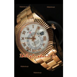Montre en or rose 18K Rolex Sky-Dweller avec chiffres romains sur cadran blanc