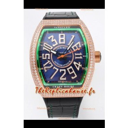 Franck Muller Vanguard Crazy Hours en or rose diamants - acier cadran bleu Réplique Suisse 