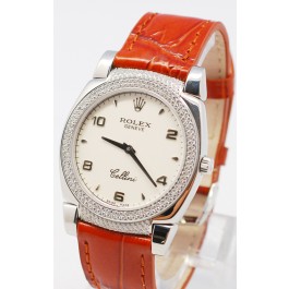Rolex Cellini Cestello Femmes Swiss Watch White Face Leather Strap Hour, Bezel and Lugs