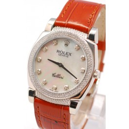 Rolex Cellini Cestello Femmes Swiss Watch White Pearl Face Leather Strap Diamonds Hour, Bezel and Lugs