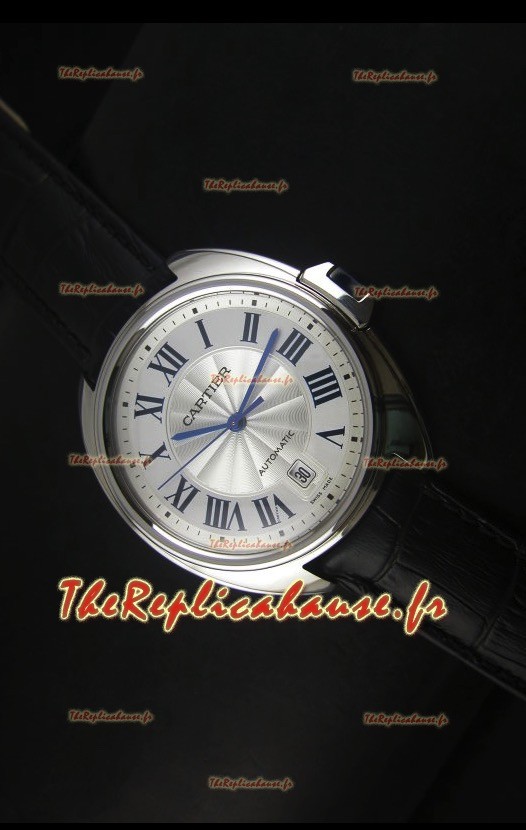 Montre Clé de Cartier avec boîtier acier 40mm sur bracelet en cuir - Réplique de montre miroir 1:1