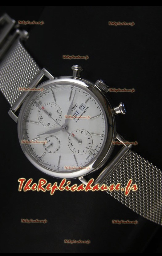 Montre suisse chronographe IWC Portofino avec bracelet en mailles et cadran blanc 