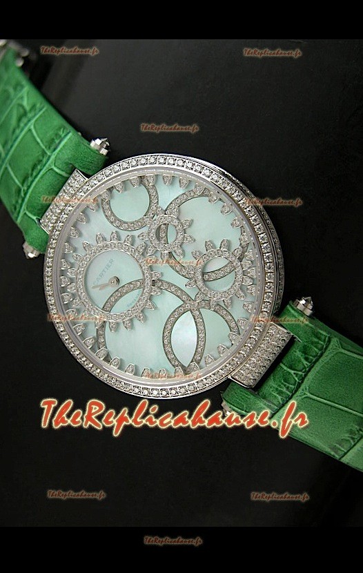 Cartier Reproduction Montre avec Lunette Cadran Incrustés de Diamants dans un Boitier en Acier/Bracelet Vert