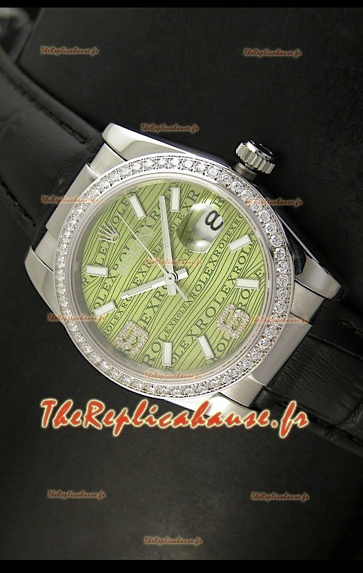 Rolex Imitation Datejust Montre Suisse Reproduction - 37MM - Cadran Noir Bracelet Vert
