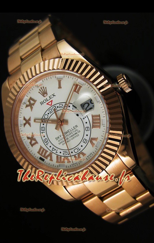 Montre en or rose 18K Rolex Sky-Dweller avec chiffres romains sur cadran blanc