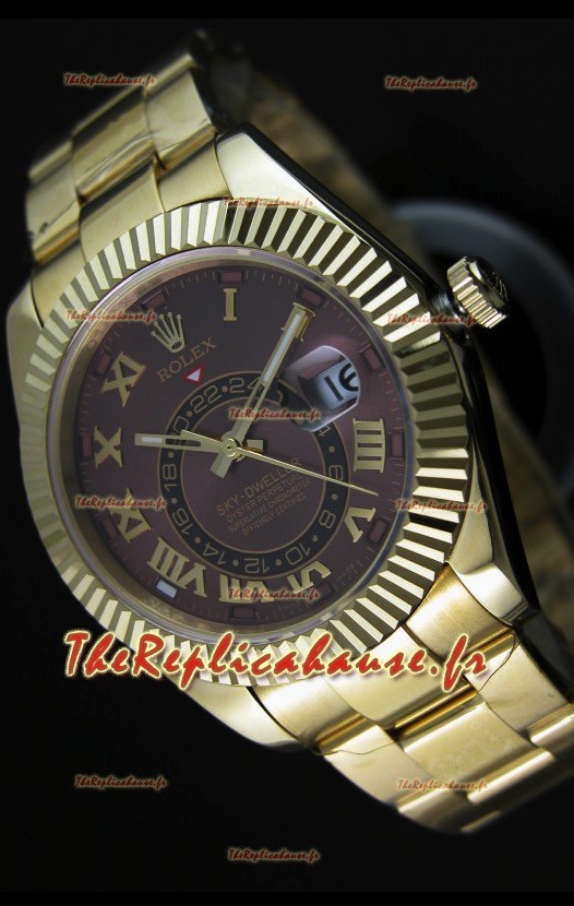 Montre en or jaune 18K Rolex Sky-Dweller avec chiffres romains sur cadran marron