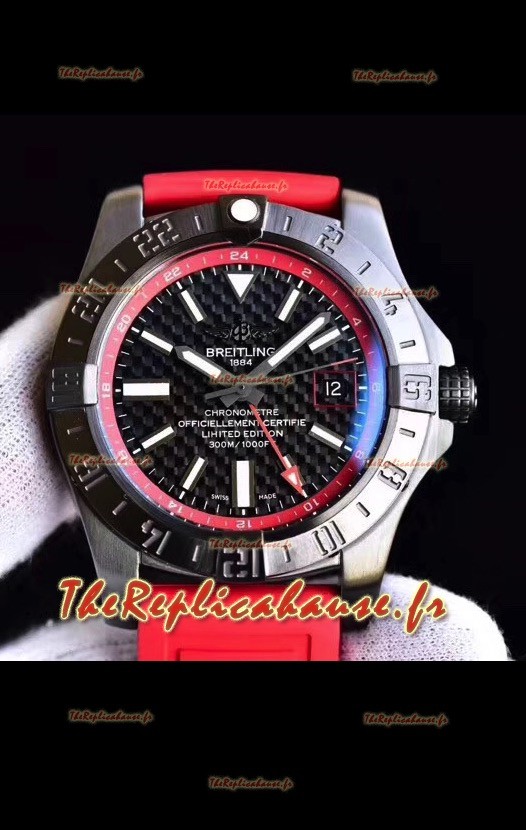 Breitling GMT montre réplique chronomètre suisse cadran en carbone avec bracelet en caoutchouc à miroir 1:1