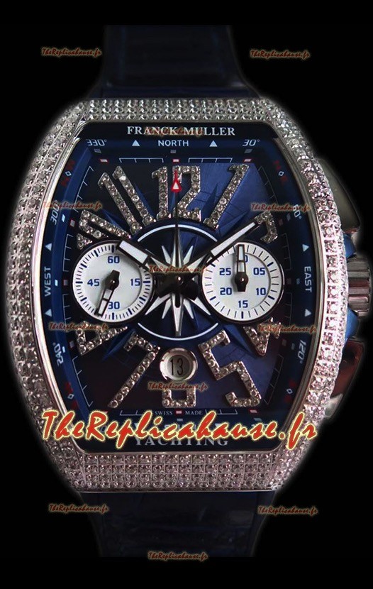 Franck Muller Vanguard montre suisse chronographe en acier 904L cadran bleu avec diamants 