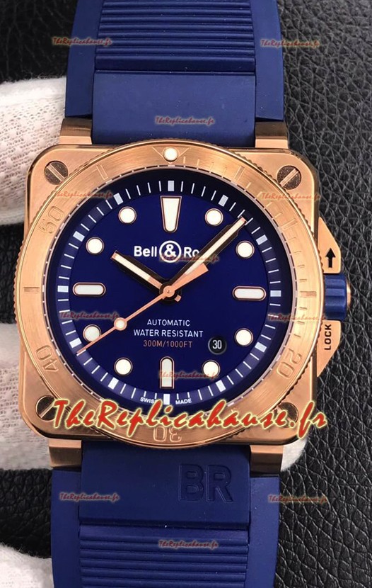 Bell & Ross BR03-92 Diver Or Rose Cadran Bleu Réplique Suisse Montre 1:1 