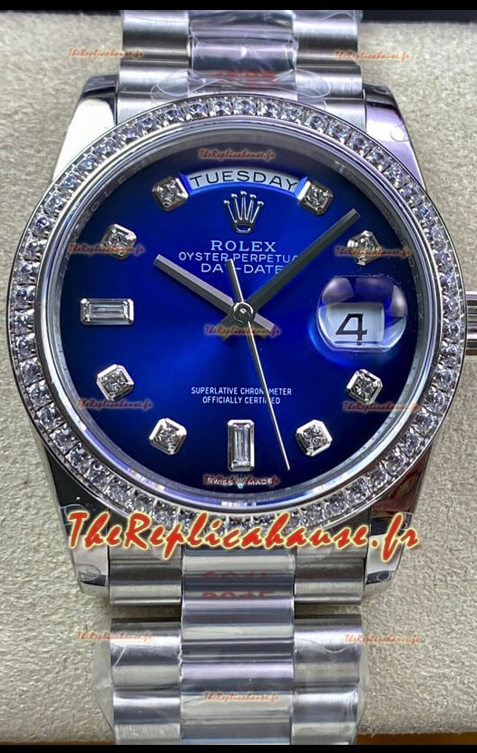 Réplique de la montre Rolex Day Date 36MM M128239-0023 904L en acier, cadran bleu, miroir 1:1
