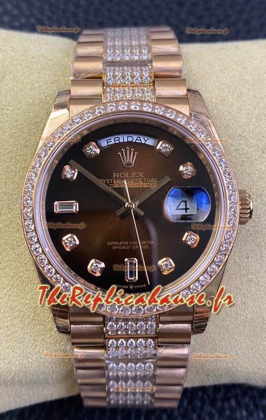 Réplique de montre Rolex Day Date Presidential M128345rbr-0041 en or rose 18 carats 36MM - cadran marron qualité miroir 1:1