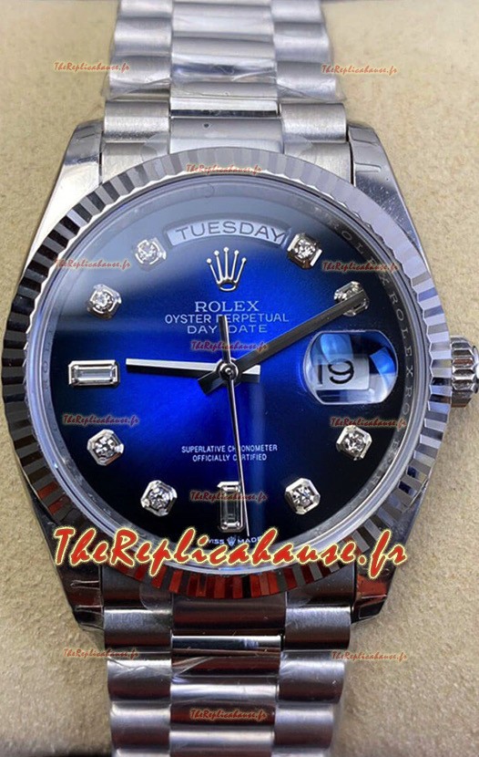 Montre Rolex Day Date Presidential 904L Acier 36MM - Cadran Bleu 1:1 Qualité Miroir 