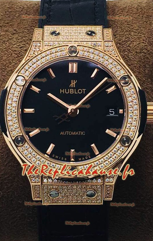Hublot Classic Fusion Diamants Rose Gold Black Dial 38MM Montre réplique 1:1 Qualité miroir