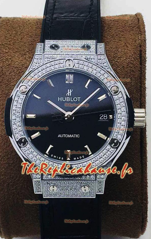 Hublot Classic Fusion Diamants Acier Cadran noir 38MM Montre réplique 1:1 Qualité miroir 