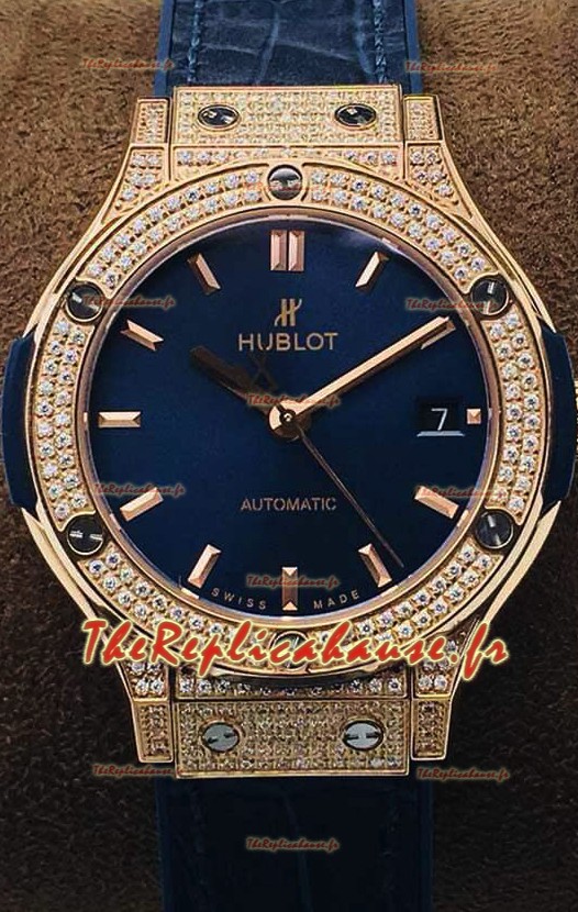 Hublot Classic Fusion Diamants Rose Gold Blue Dial 38MM Montre réplique 1:1 Qualité miroir 