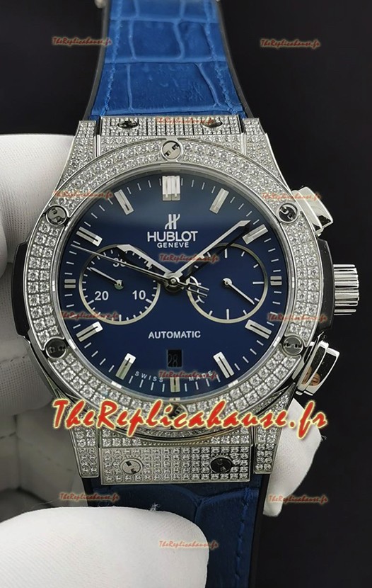 Hublot Classic Fusion Chronographe Boîtier Acier Diamants Cadran Bleu Réplique Montres Miroir 1:1 
