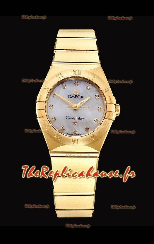 Omega Constellation Ladies Swiss Quartz Réplique Miroir - Boîtier en or jaune - Cadran perle blanche