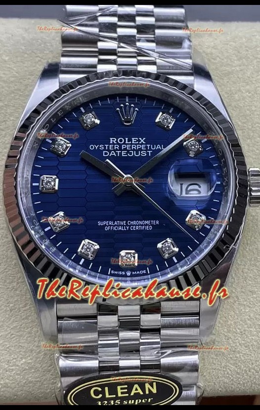 Rolex Datejust Cal.3235 Mouvement 1:1 Miroir Réplique Acier 904L 36MM - Cadran bleu cannelé à motifs