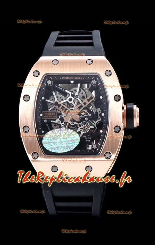 Richard Mille RM035 AMERICAS Montre réplique en or rose 18 carats avec bracelet noir