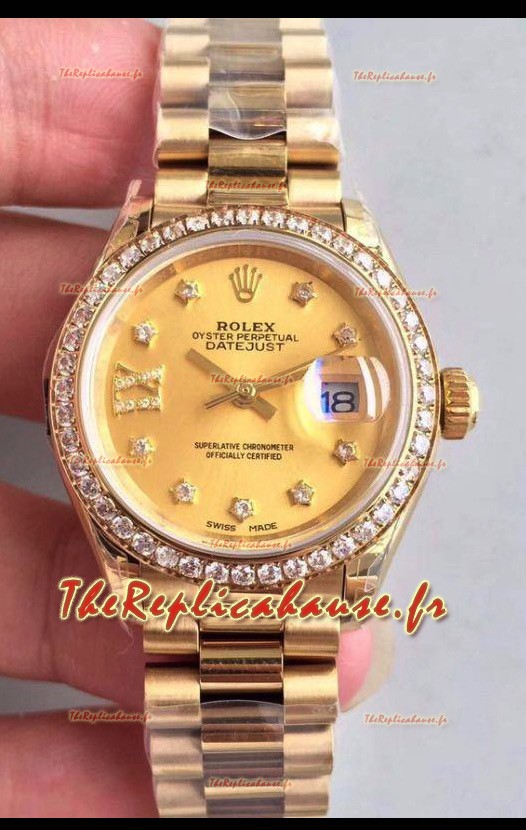 Montre Rolex Datejust Ladies 28MM Mouvement Cal.3135 Réplique Suisse avec cadran gris - Boîtier en acier 904L et or jaune