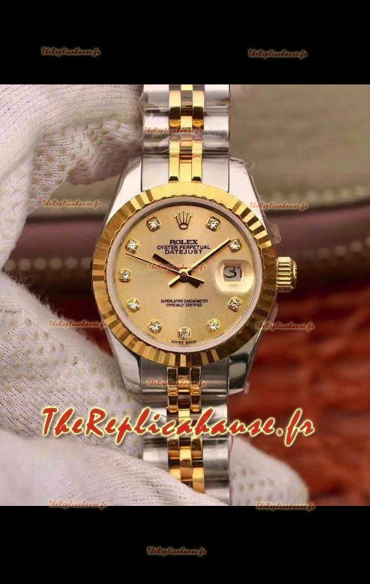 Montre Rolex Datejust Ladies 28MM Mouvement Cal.3135 Réplique Suisse dans un boîtier en acier 904L or jaune 2 tons