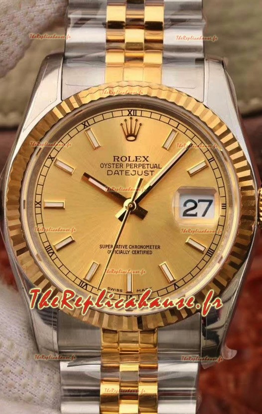 Montre Rolex Datejust 36MM Mouvement Cal.3135 Réplique Suisse en acier 904L bicolore Cadran doré