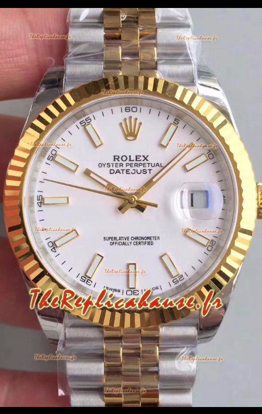 Montre Rolex Datejust Mouvement 41MM Cal.3135 Réplique Suisse en acier 904L cadran blanc deux tons