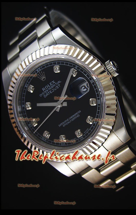 Rolex Datejust II 41MM avec Mouvement Cal.3136 Montre Réplique Suisse En cadran noir avec marqueurs de diamants 