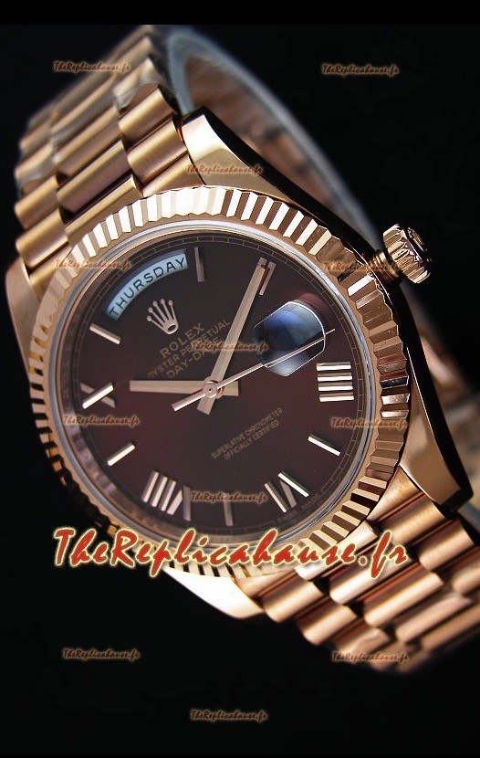 Rolex Day-Date 40MM montre Suisse en Or Rose et Cadran brun Chiffres romains 