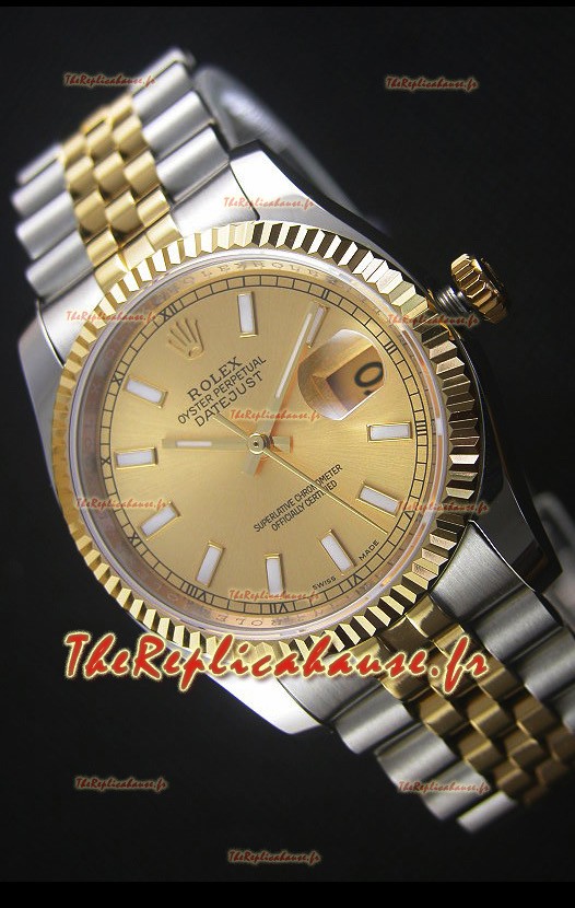 Réplique de montre japonaise Rolex Datejust - Placage bicolore avec cadran doré dans un boîtier de 36MM