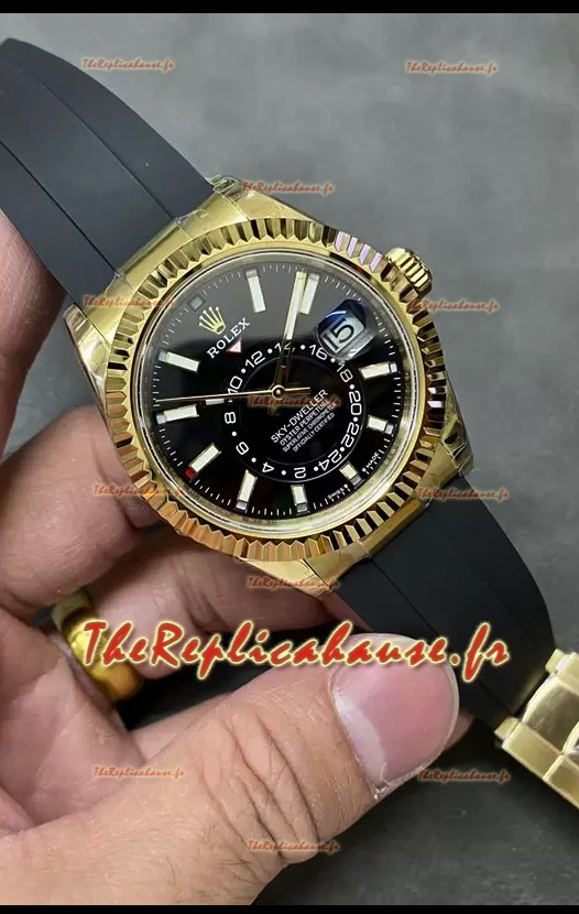 Rolex Sky-Dweller REF# M336235 Montre en or jaune à cadran noir avec boîtier en acier 904L Réplique 1:1