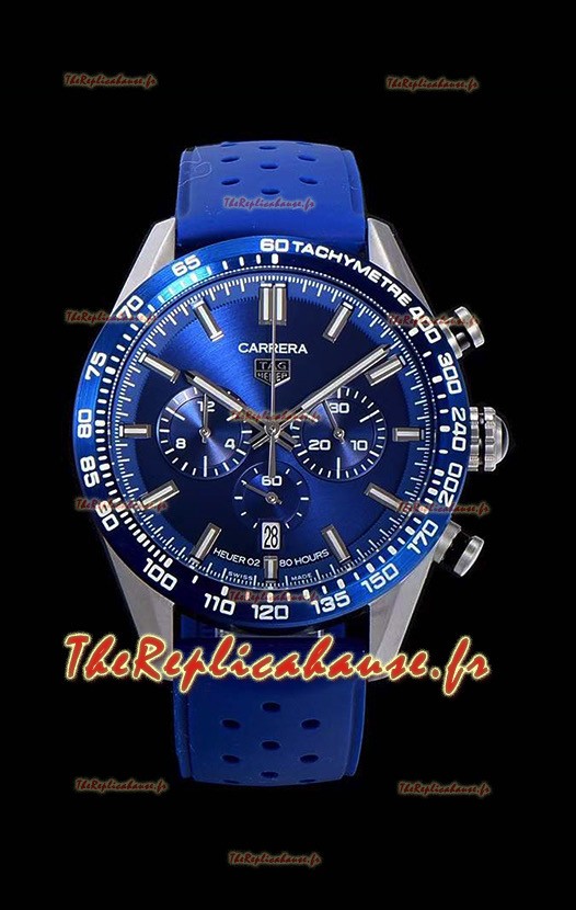 Montre Tag Heuer Carrera Swiss Mouvement à Quartz - Réplique de montre à cadran bleu - Bracelet en caoutchouc bleu