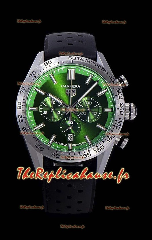 Montre Tag Heuer Carrera Swiss Mouvement à Quartz - Réplique de montre avec cadran vert - Bracelet en caoutchouc noir