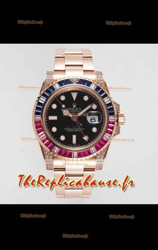 Montre suisse Rolex GMT Masters II Diamants avec boîtier en or rose 904L - Qualité miroir 1:1 