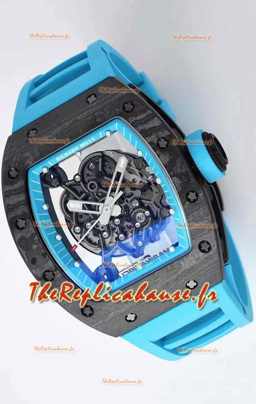 Montre Richard Mille RM055 RM055 Boîtier en carbone forgé 1:1 Réplique miroir avec bracelet bleu 