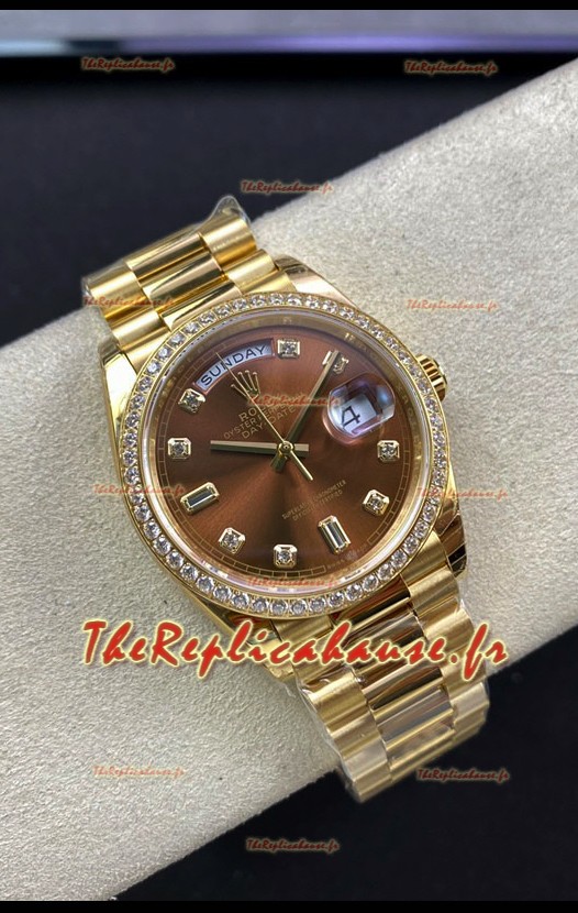 Réplique de montre Rolex Day Date 36MM en or jaune M128348RBR-0005 - Cadran marron - Miroir 1:1