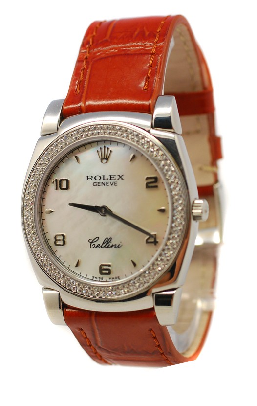 Rolex Cellini Cestello Femmes Swiss Montre Lunette de Diamants Bracelet de Cuire Face de Perle