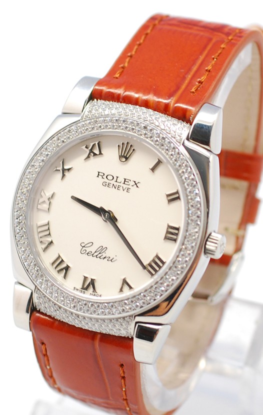 Rolex Cellini Cestello Femmes Swiss Montre Cornes et Lunette de Diamants Bracelet de Cuir Face Blanche Romaine
