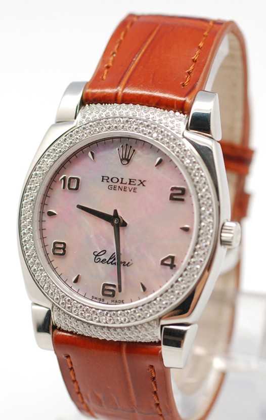 Rolex Cellini Cestello Femmes Swiss Montre Lunette et Crochets de Diamants Bracelet de Cuir Face de Perle Rose