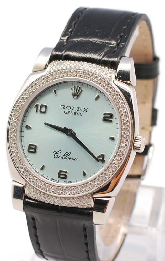 Rolex Cellini Cestello Femmes Swiss Montre Face Bleue Bracelet de Cuir Noir Cornes et Lunette de Diamants