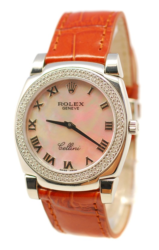 Rolex Cellini Cestello Femmes Swiss Montre Lunette de Diamants Bracelet de Cuir Face Romaine Nacrée Beige