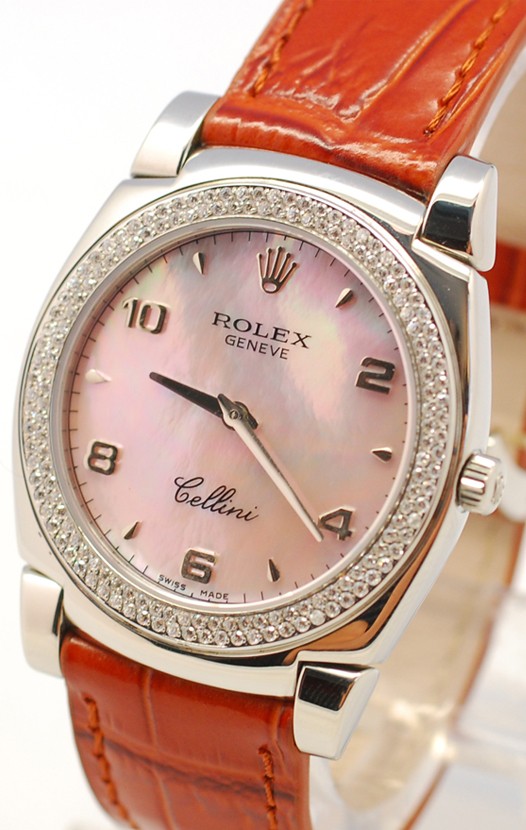 Rolex Cellini Cestello Femmes Swiss Montre Lunette de Diamants, Bracelet de Cuir Face Nacrée Rose