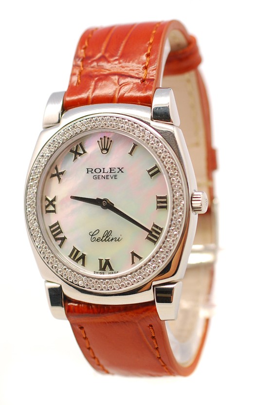 Rolex Cellini Cestello Femmes Swiss Montre Lunette de Diamants Bracelet de Cuir Face Romaine Nacrée Blanche
