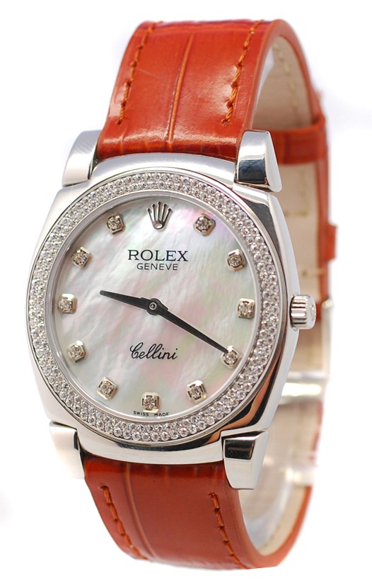 Rolex Cellini Cestello Femmes Swiss Montre Index Horaires et Lunette de Diamants Bracelet de Cuir Face Nacrée Blanches