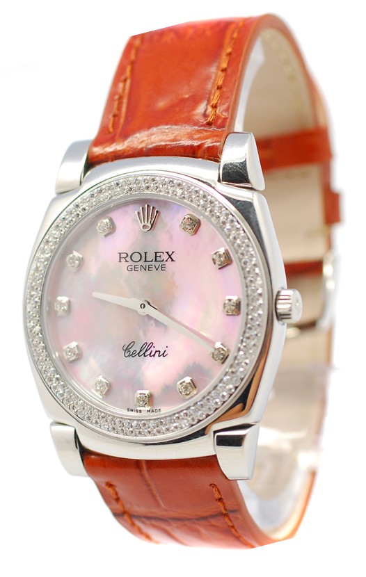 Rolex Cellini Cestello Femmes Swiss Montre Index Horaires et Lunette de Diamants Bracelet de Cuir Face Nacrée Rose