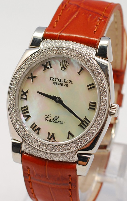 Rolex Cellini Cestello Femmes Swiss Montre Face Nacrée Blanche Bracelet de Cuir Cornes et Lunette de Diamants