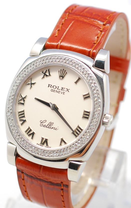 Rolex Cellini Cestello Femmes Swiss Montre Lunette de Diamants Bracelet de Cuir Face Romaine Blanche