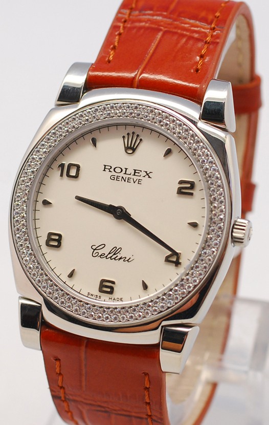 Rolex Cellini Cestello Femmes Swiss Montre Face Blanche Bracelet de Cuir Lunette de Diamants