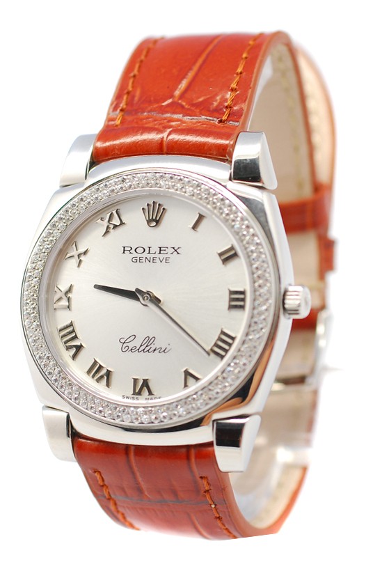 Rolex Cellini Cestello Femmes Swiss Montre Lunette de Diamants Bracelet de Cuir Face d'Argent Romaine