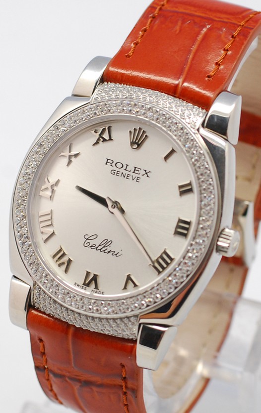 Rolex Cellini Cestello Femmes Swiss Montre Face Argent Bracelet de Cuir Cornes et Lunette de Diamants